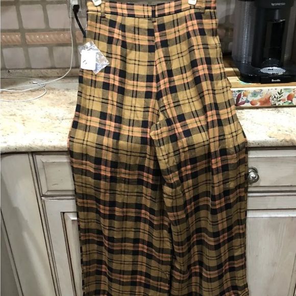 Free People Lyla Menswear Plaid Trouser Slouchy Wide Leg Olive Black Rose - Picture 3 of 5